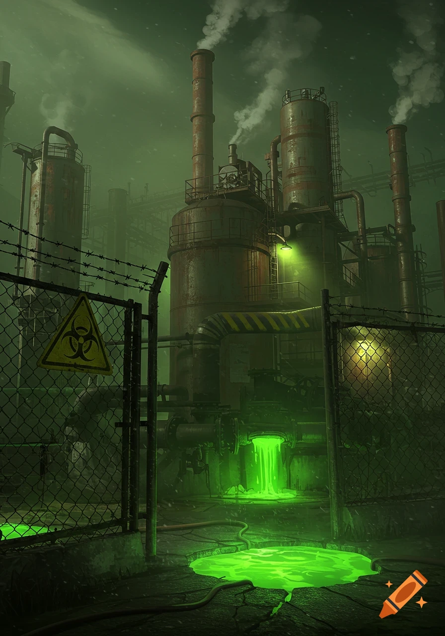 A dark, misty industrial complex with rusted pipes, smoking chimneys, and bright green toxic waste flowing into pools on the ground. A biohazard sign hangs on a barbed wire fence in the foreground.