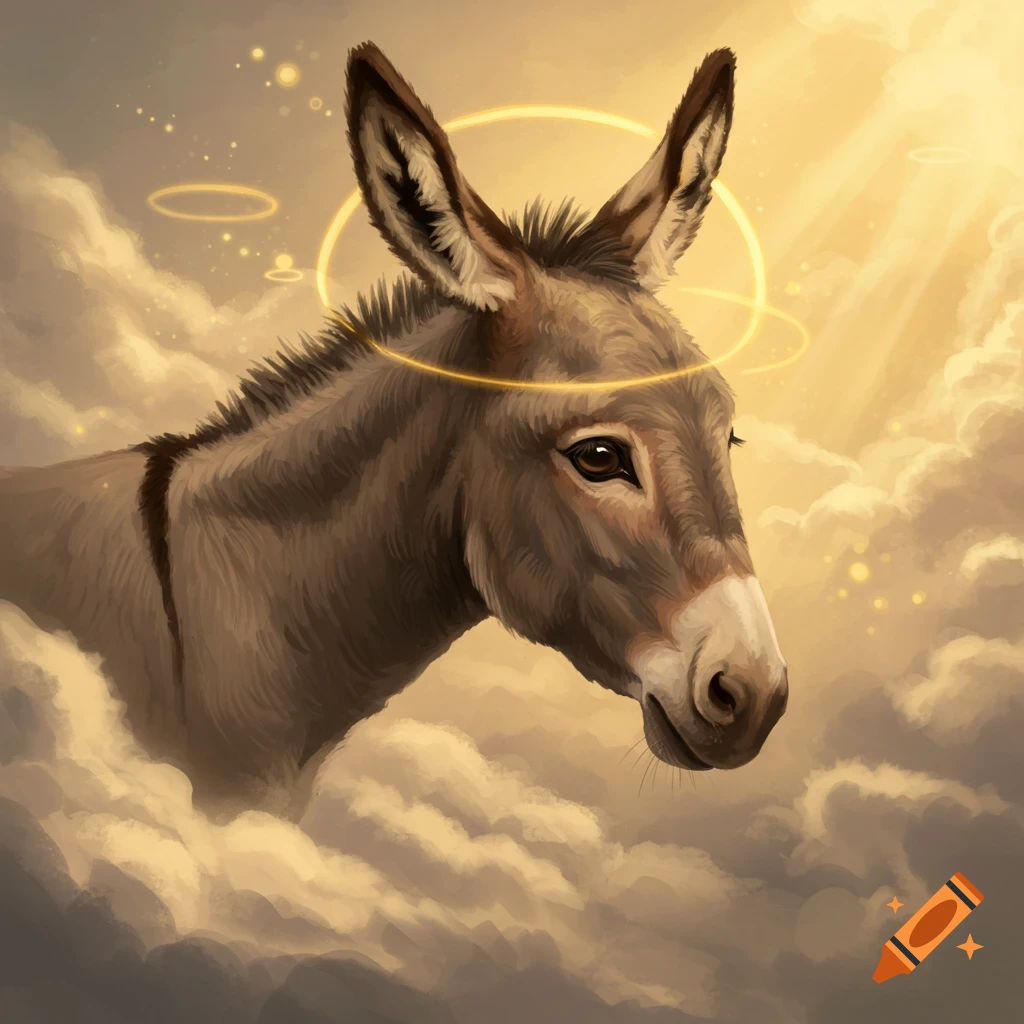 A majestic donkey with a golden halo stands in profile amidst soft clouds with rays of sunlight in a painterly style.