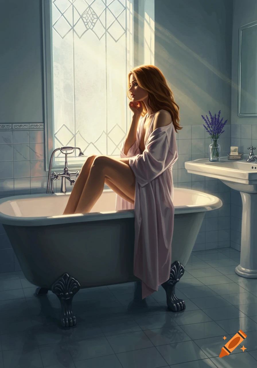A woman in a light robe sits on the edge of a bathtub in a sunlit bathroom, looking out a large window.