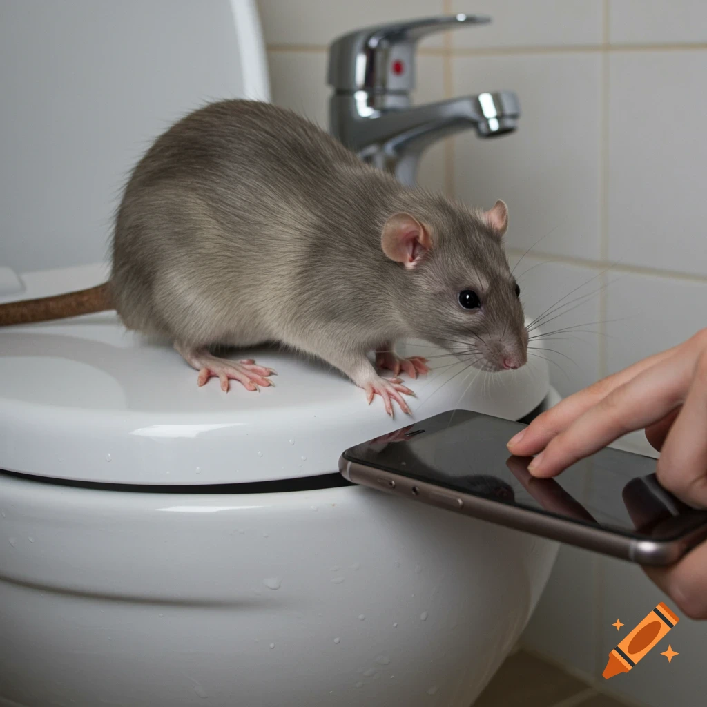 A photorealistic image of a grey rat on a white toilet lid, observing a human finger interacting with a smartphone.