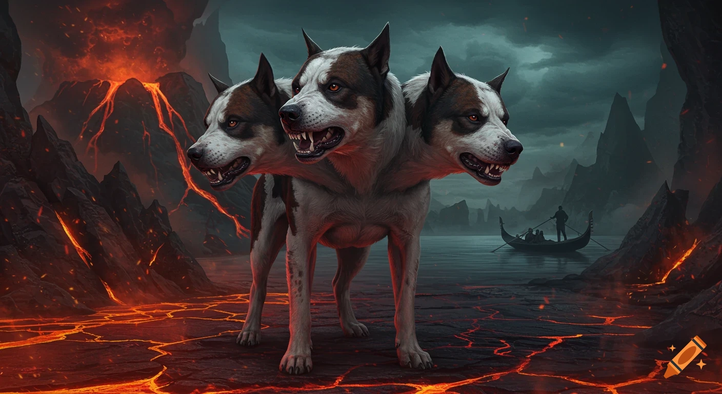 A detailed fantasy illustration of a three-headed Cerberus snarling in a volcanic underworld with lava cracks and a gondola on a dark river.