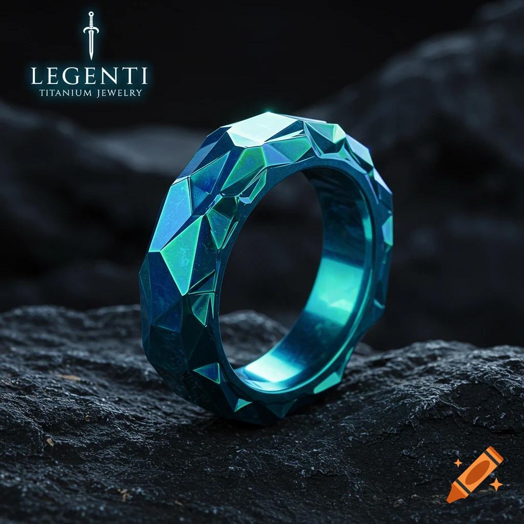 A faceted, iridescent blue and green titanium ring with a sword logo and 'LEGENTI TITANIUM JEWELRY' text, resting on a dark rocky surface.
