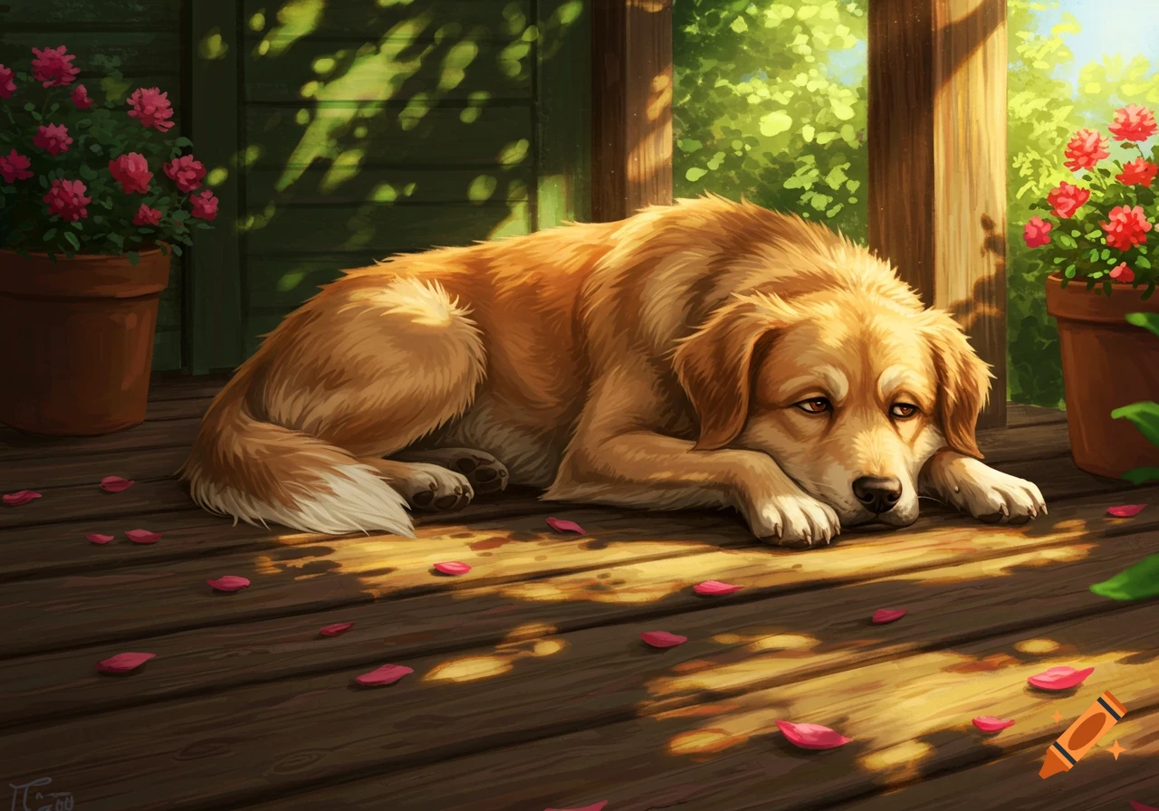 An illustrated golden retriever dog lies sadly on a wooden porch with pink petals and potted flowers in warm sunlight.