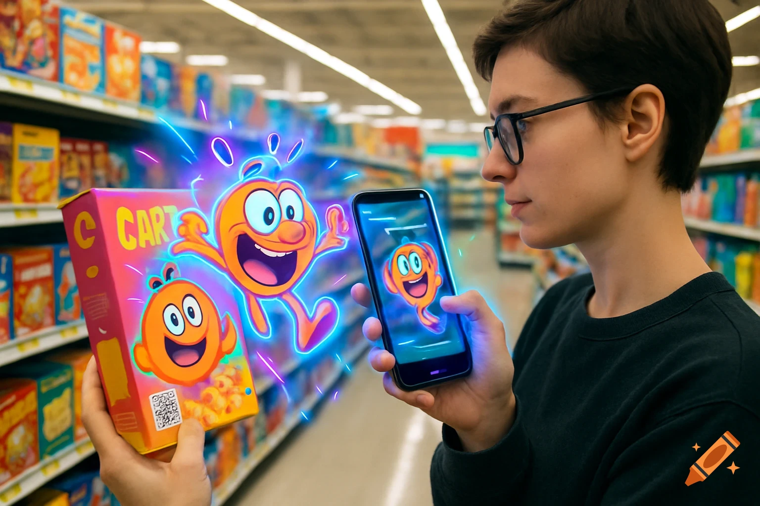 A person holds a cereal box and a smartphone in a supermarket, with an augmented reality cartoon character glowing blue.