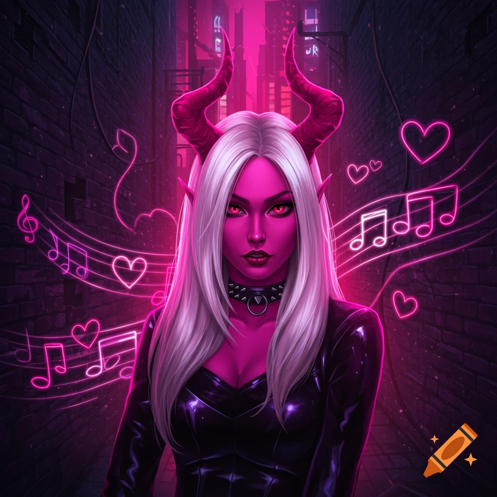 A striking pink-skinned demon woman with white hair, red horns, and glowing red eyes, wearing a black top, against a neon-lit urban background with musical notes and hearts.
