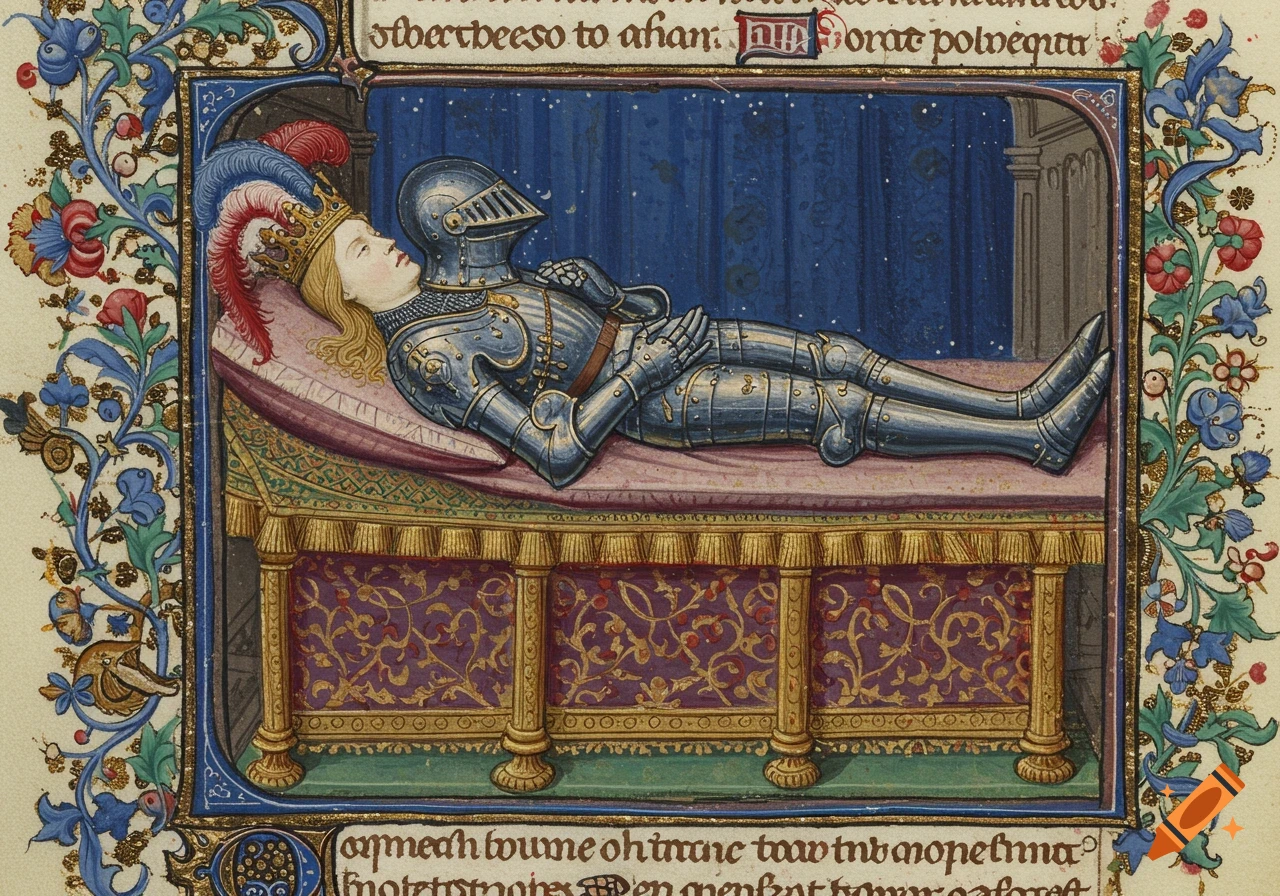 A medieval illuminated manuscript shows a blonde queen in a crown and full plate armor lying on a richly decorated bed, bordered by intricate floral designs.
