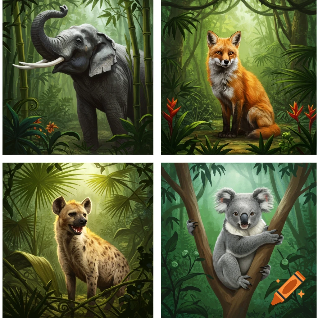 A four-panel illustration featuring an elephant, fox, hyena, and koala in a lush jungle setting.