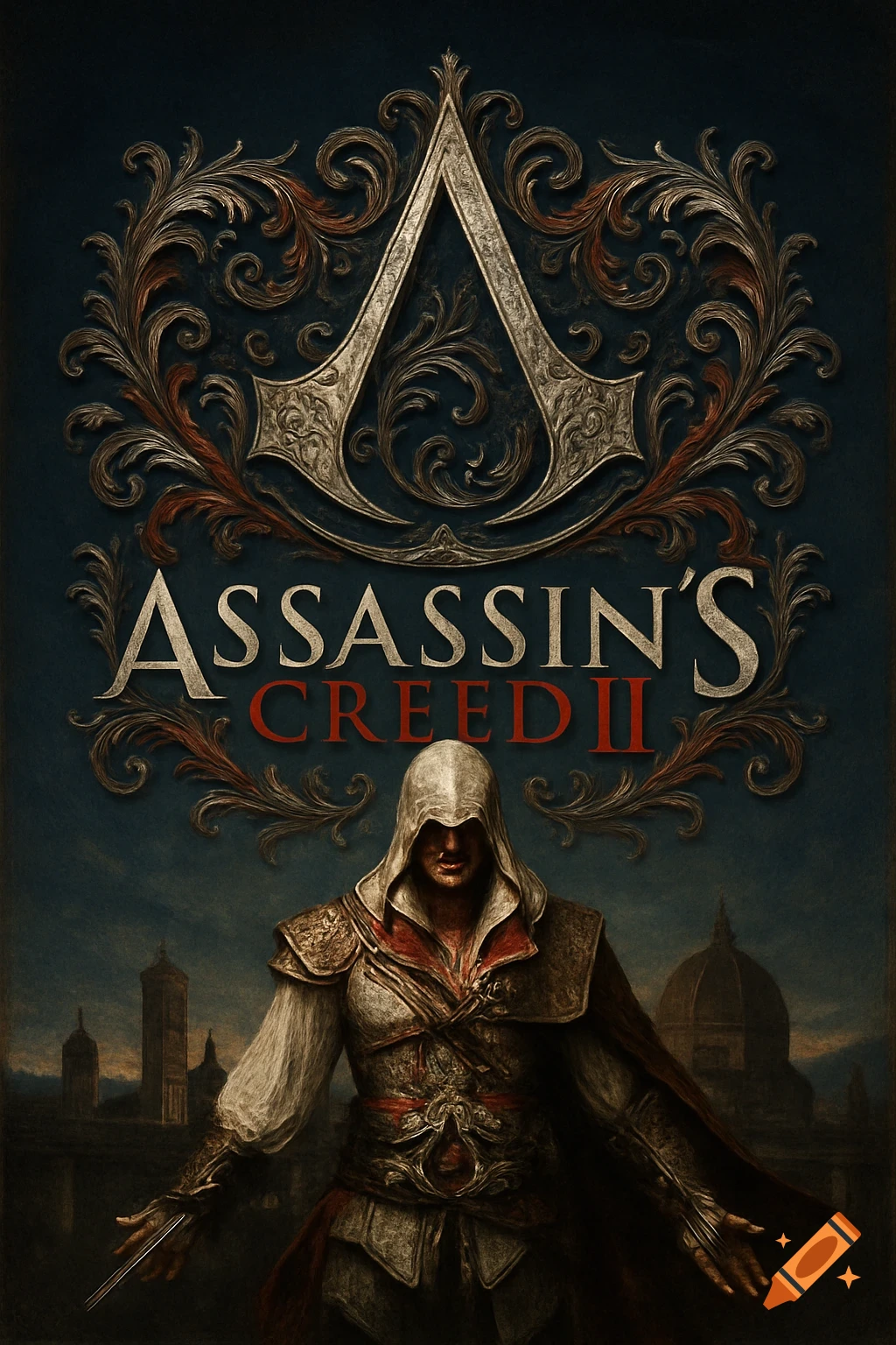 Stylized digital art of Ezio Auditore from Assassin's Creed 2, wearing a white hooded tunic and armor, beneath the game's ornate logo.