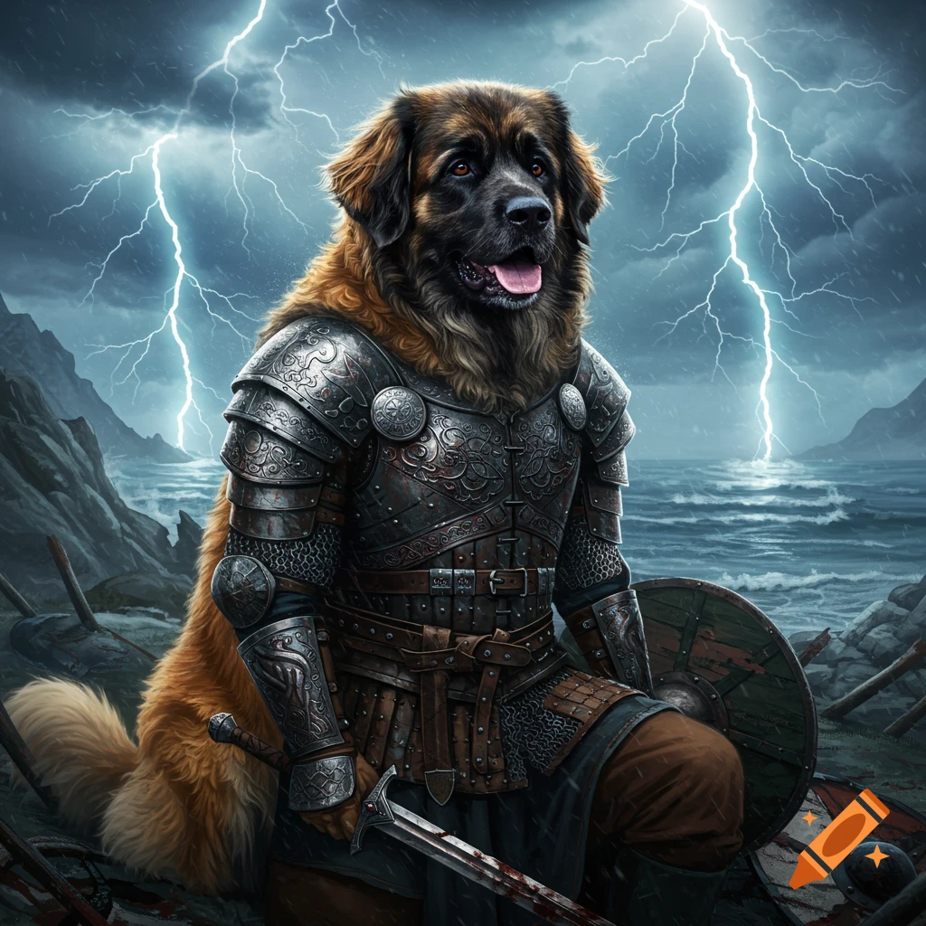 A majestic Leonberger dog in detailed Viking armor, holding a sword and shield, kneels by a stormy sea under lightning.