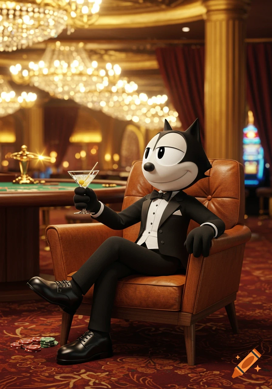 Felix the Cat in a tuxedo, holding a martini, sitting in a leather chair at a luxurious casino with chandeliers and poker chips.
