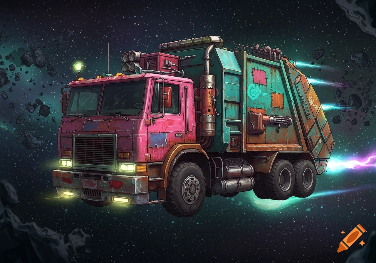A vibrant, stylized, junky pink and teal space garbage truck flies through an asteroid-filled cosmos, leaving colorful trails.