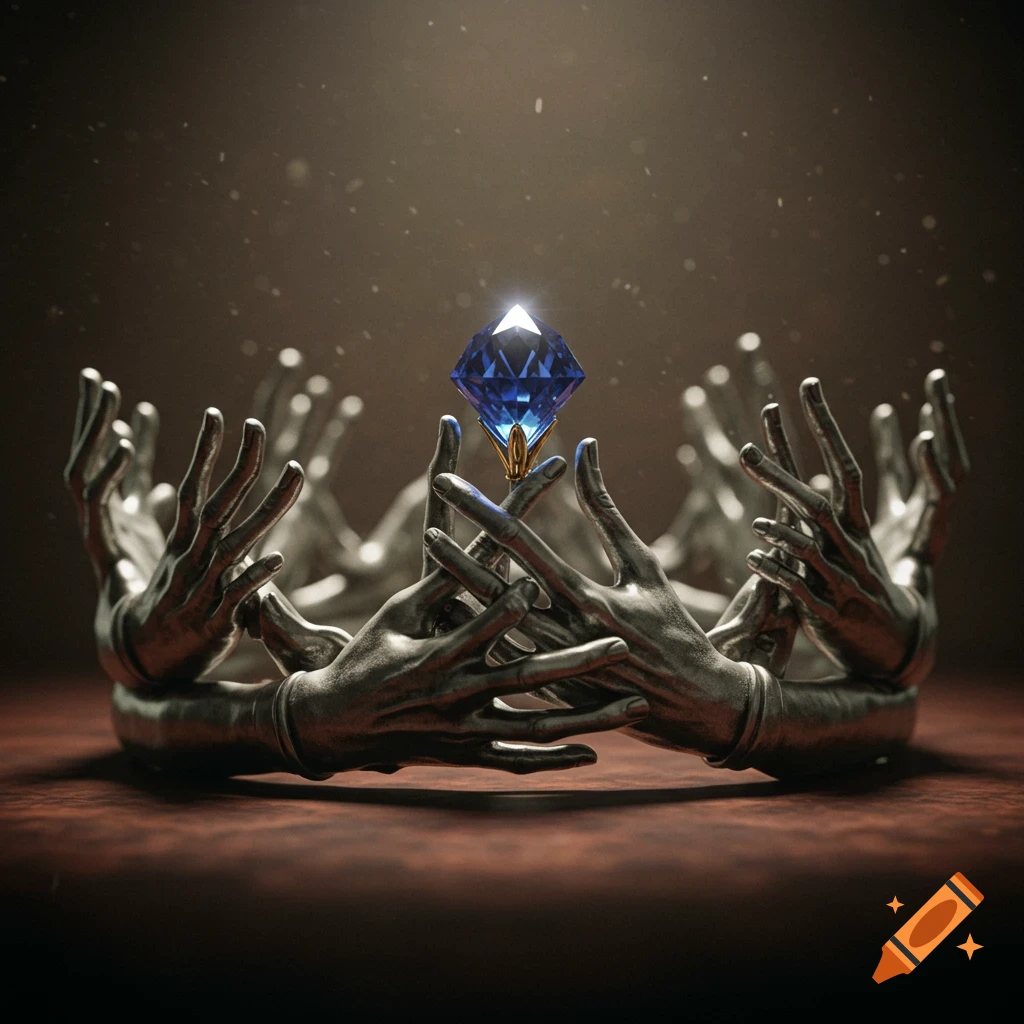 A metallic crown formed by numerous silver hands holding a glowing blue solitaire jewel against a dark, dusty background.
