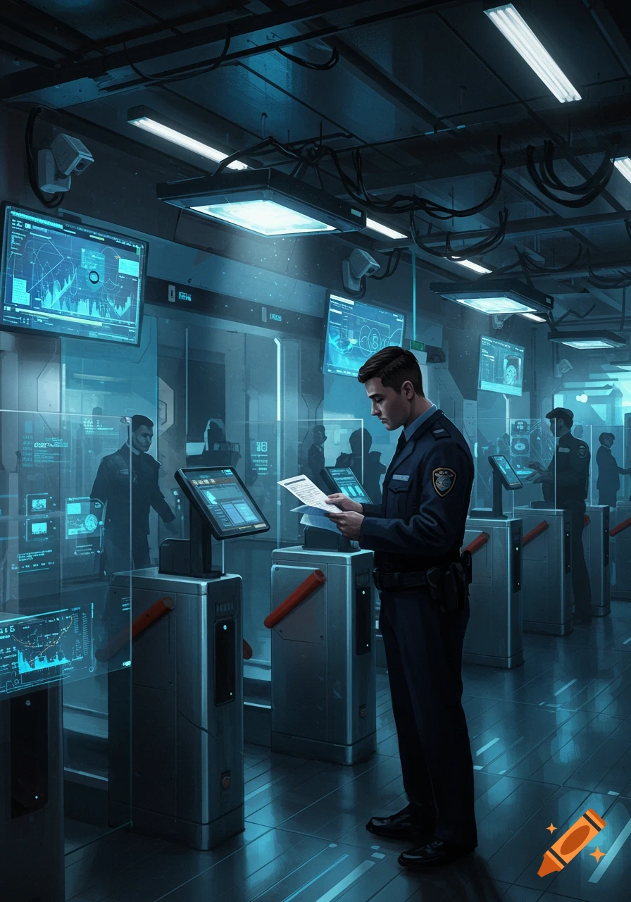 A security guard in a dark, futuristic checkpoint reads a document by turnstiles, with glowing blue screens displaying data.
