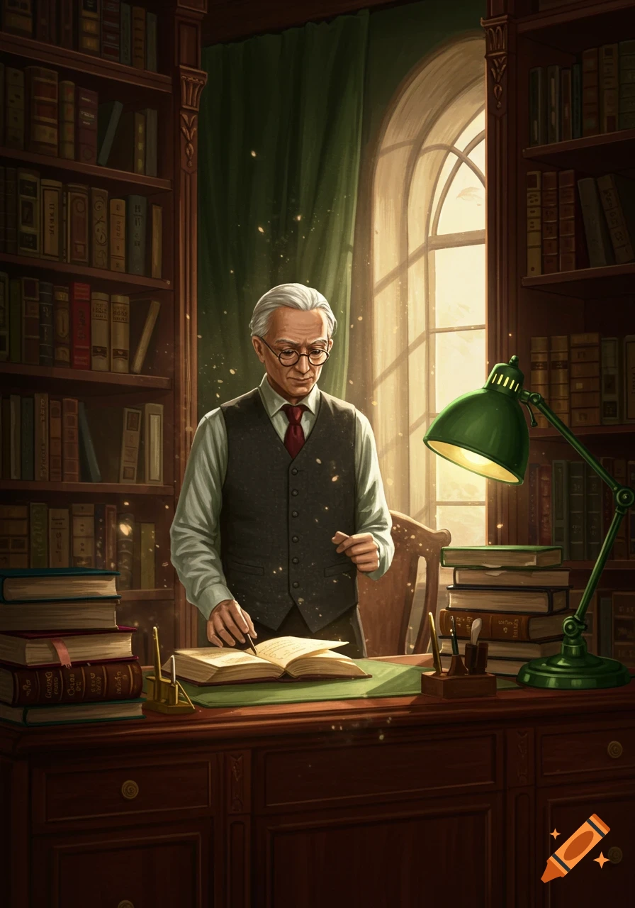An elderly professor with glasses and white hair writes in an open book at a wooden desk in a lamp-lit library, surrounded by bookshelves and a large window.