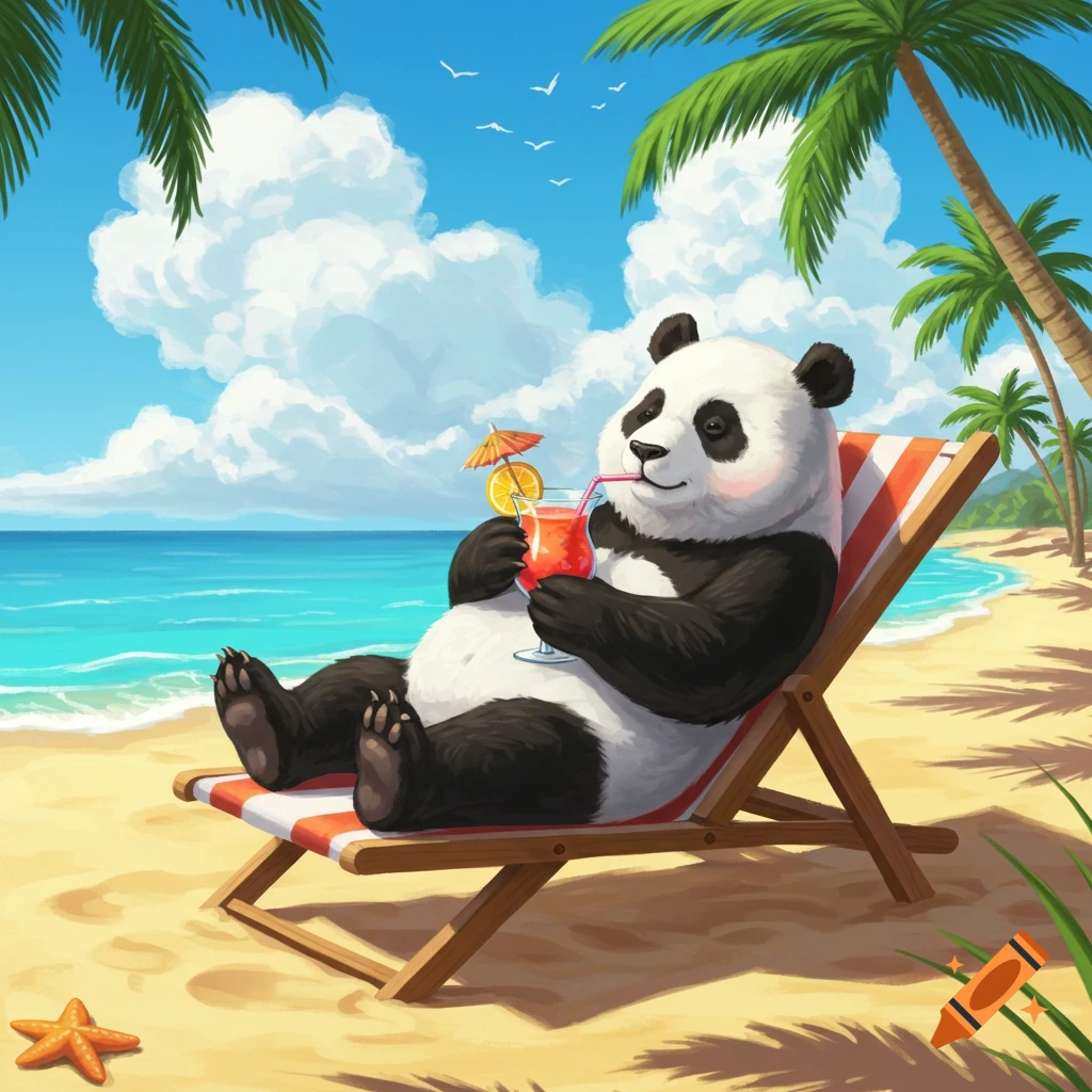 A relaxed cartoon panda lounges in a striped deck chair on a sunny beach, sipping a red cocktail, near the ocean and palm trees.