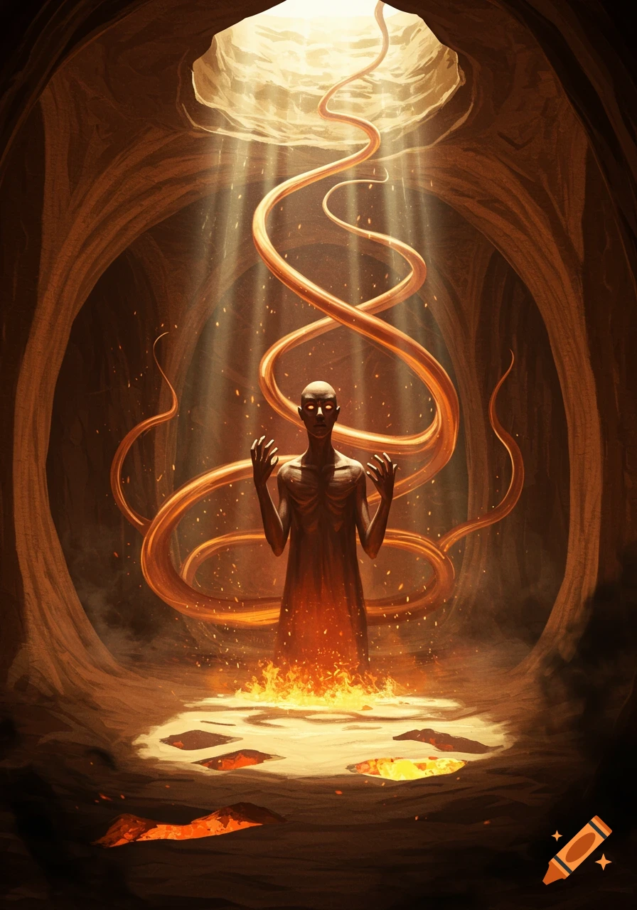 A surreal digital painting of a gaunt, glowing-eyed figure standing in a fiery cave with light rays and golden tendrils.