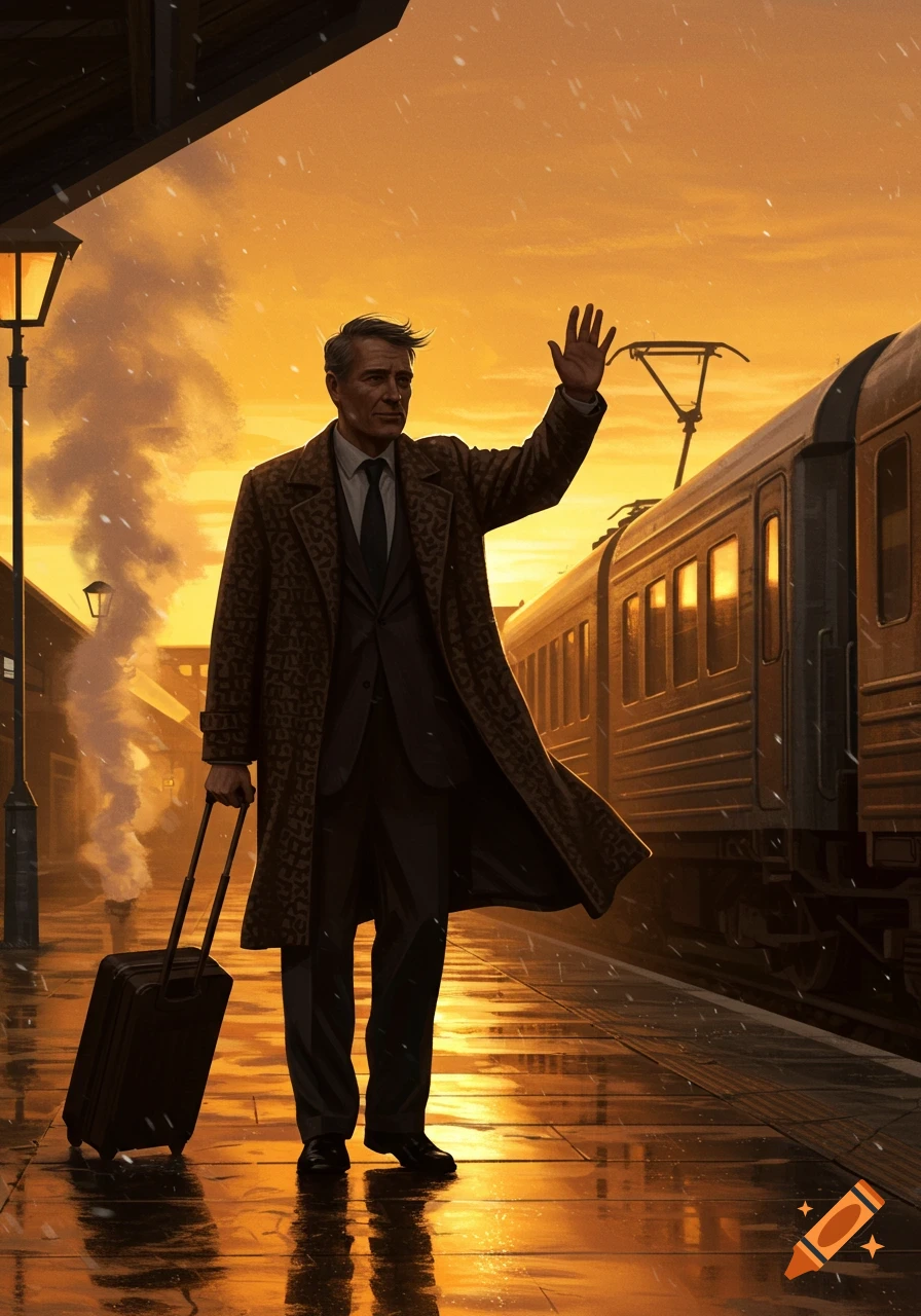 An illustrated man in a trench coat waves goodbye on a wet train platform at sunset, with a train alongside.
