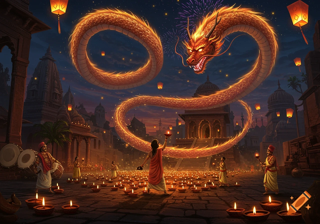 A vibrant festival at night with people, lit candles, floating lanterns, temples, and a large golden dragon in the sky with fireworks.