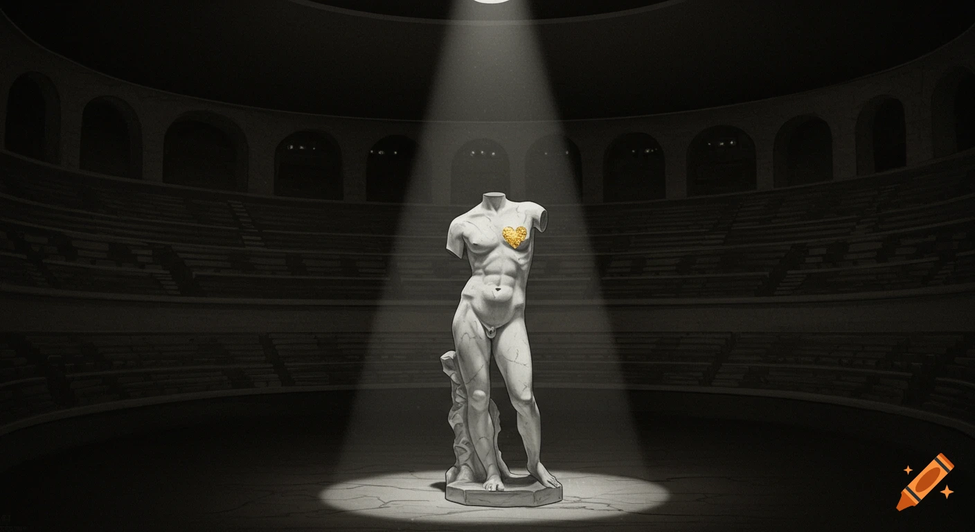 Headless marble statue with a golden heart in its chest, spotlighted in a dark amphitheater, sketch style.