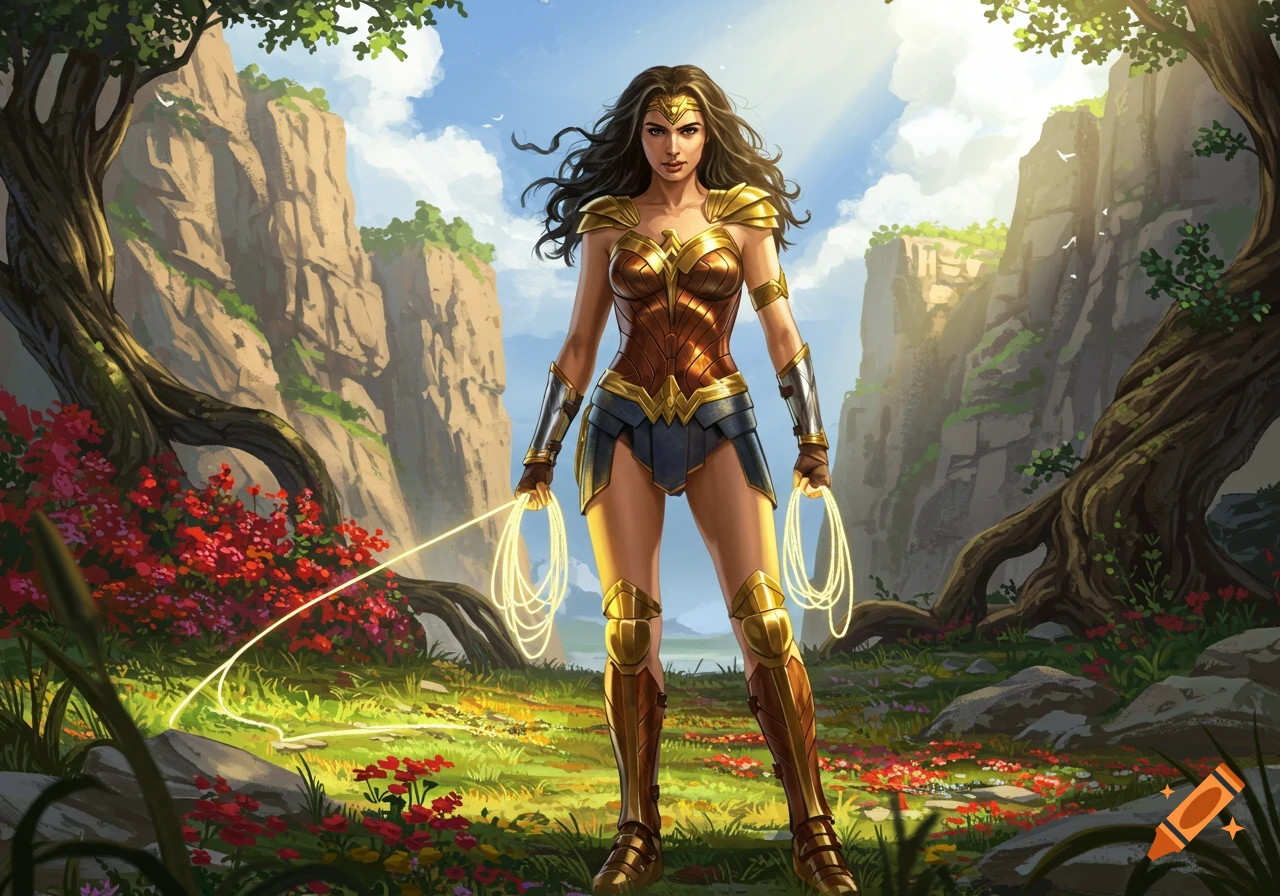 Wonder Woman stands heroically in a vibrant, lush, and rocky landscape, holding her glowing Lasso of Truth.