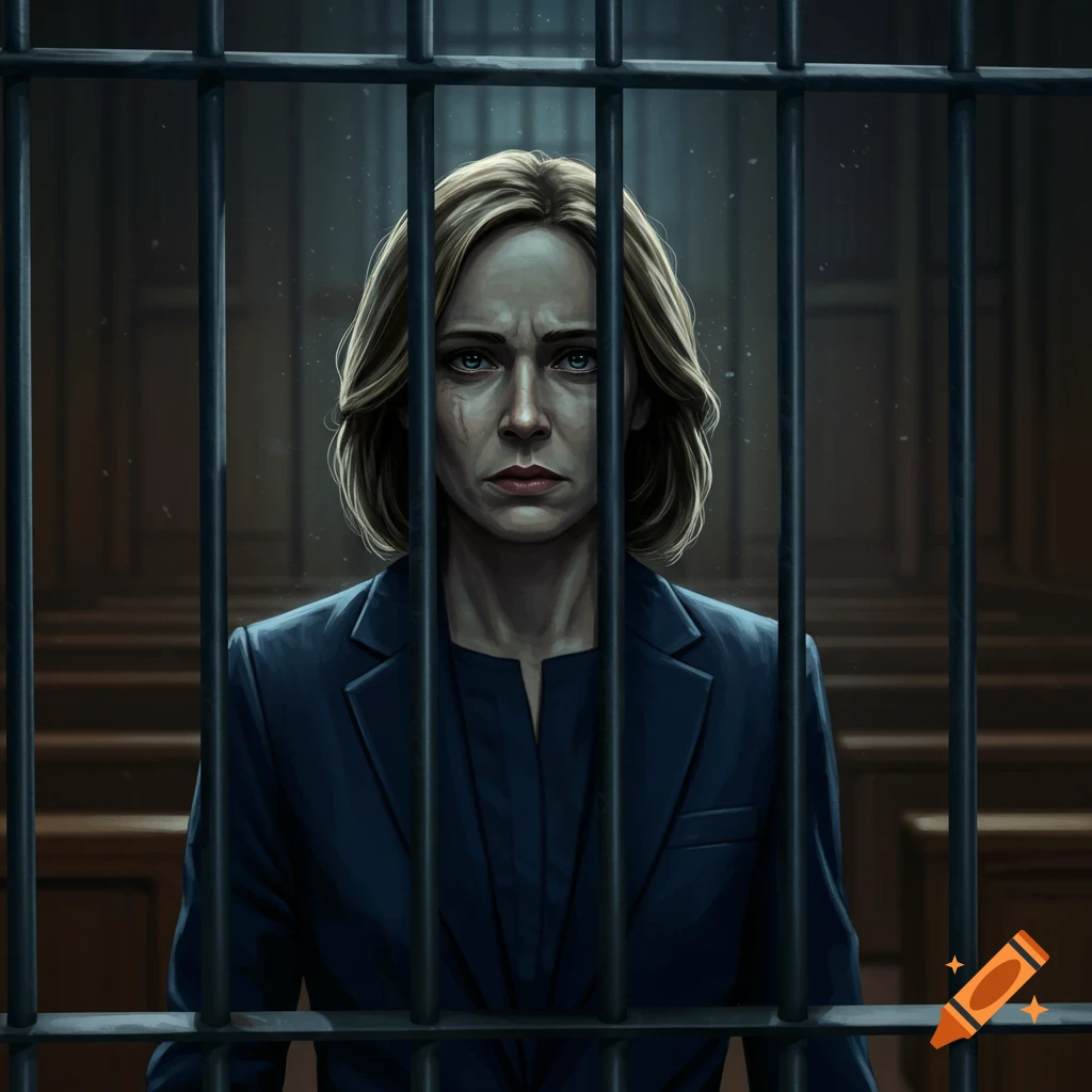 A serious woman with short blonde hair and a dark suit looks directly through metal prison bars in a dimly lit setting.