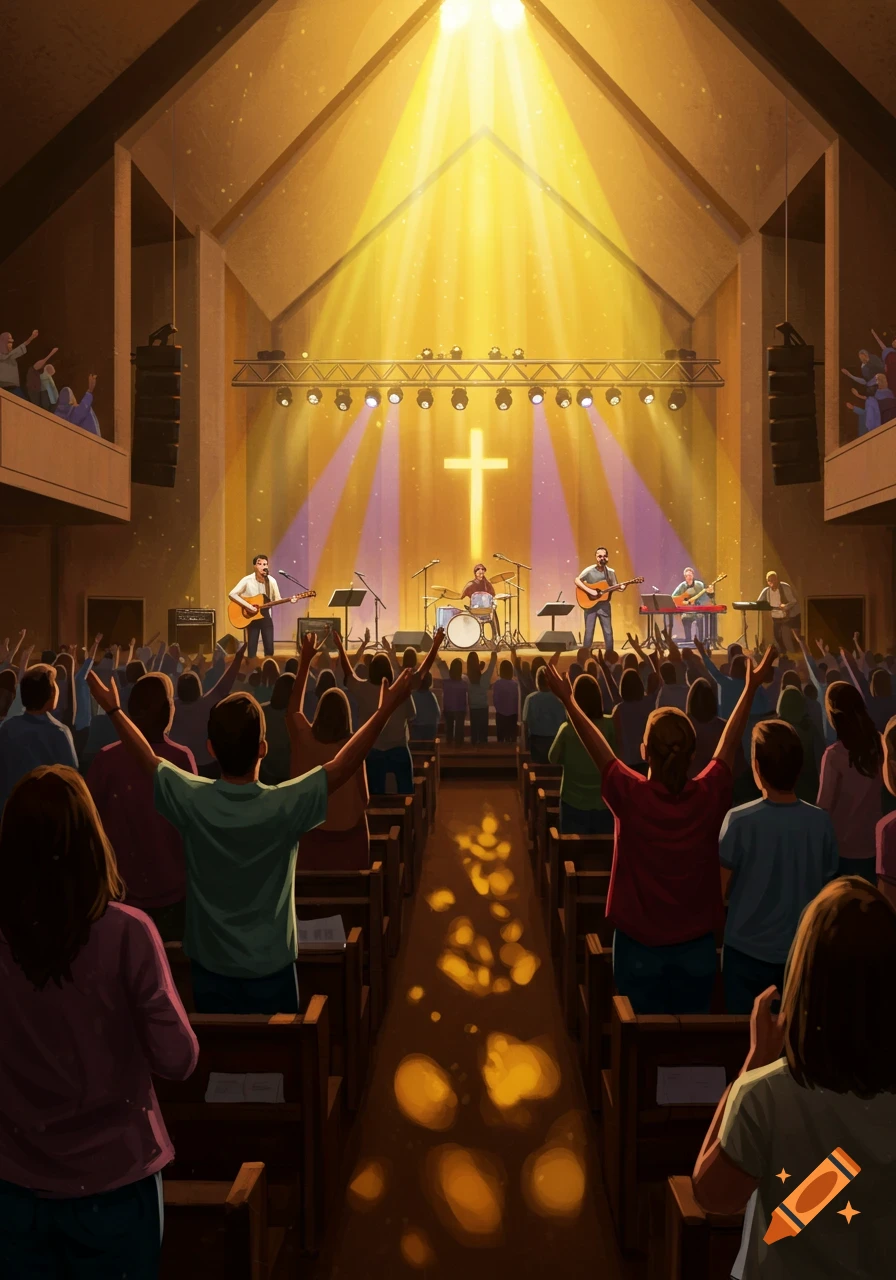 Vibrant illustration of a Christian worship service in a church, featuring a band on stage and a congregation with raised hands.