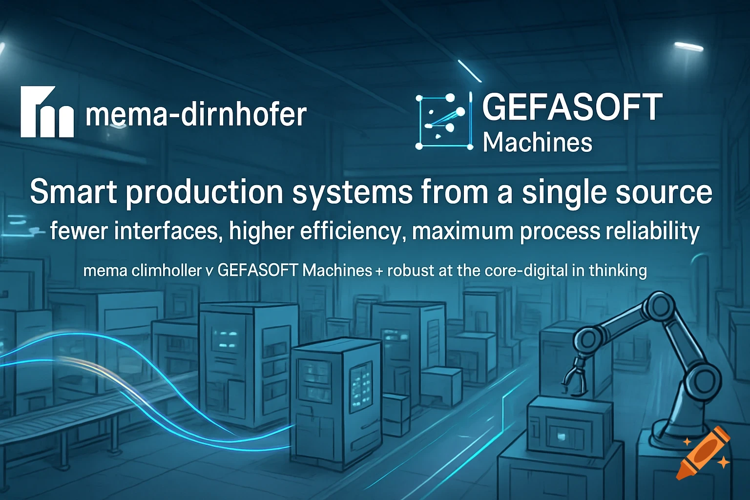 Modern industrial automation facility with company logos, showing interconnected machines, data flows, and text.