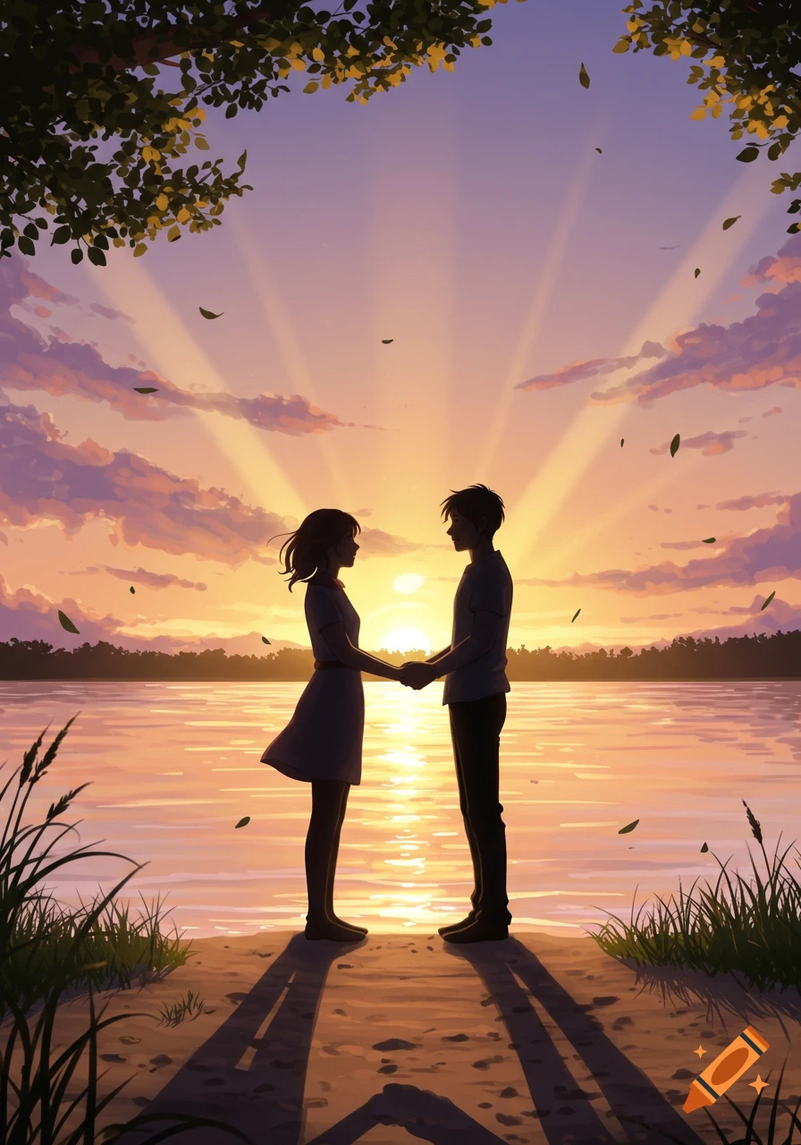 Anime-style digital painting of a man and woman standing back-to-back in a  field at sunset under dramatic clouds, looking sad. on Craiyon, image size:896x1280