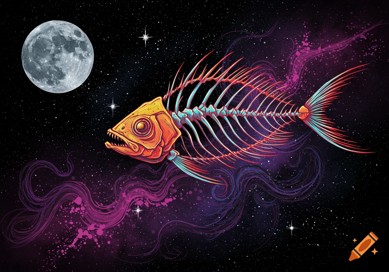 A vibrant, skeletal fish with a yellow-orange head and a glowing blue spine floats in a dark, starry cosmic space with a large moon and swirling purple nebula.