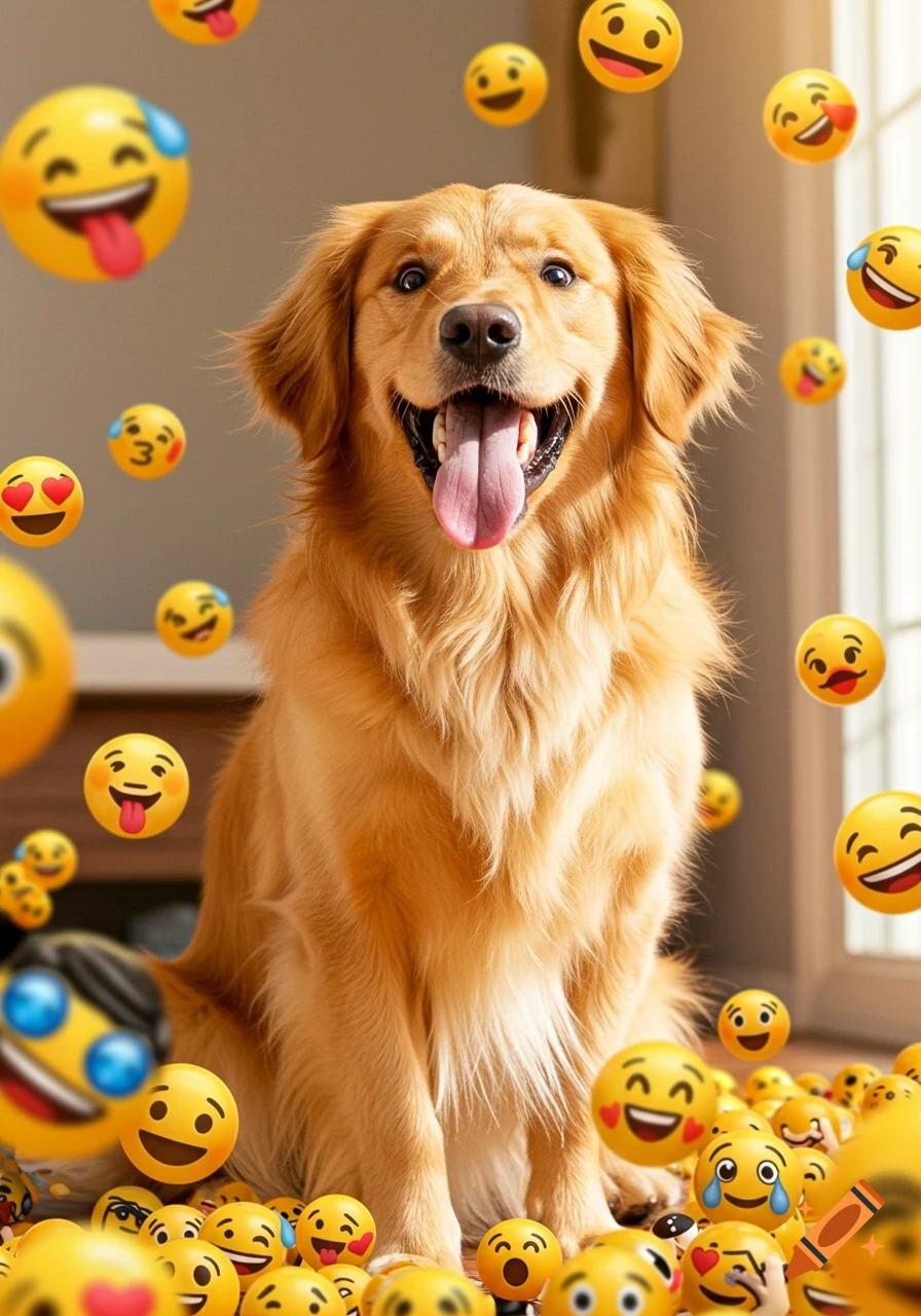 A happy golden retriever dog sits surrounded by numerous cheerful emojis, some floating, some piled up, in a brightly lit room.