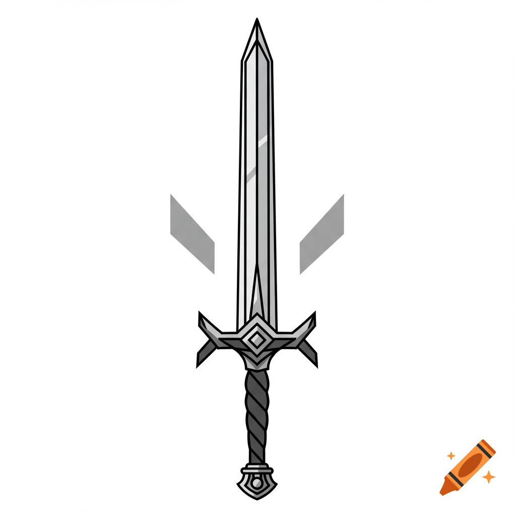 A stylized illustration of a silver sword with a decorative hilt and a twisted black grip, set against a white background with two faint gray shapes.
