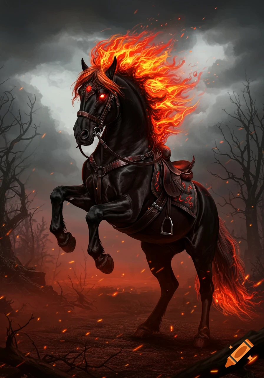 A dark fantasy black stallion with a fiery mane and glowing red eyes rears up, saddled, amidst a stormy, ember-filled landscape.