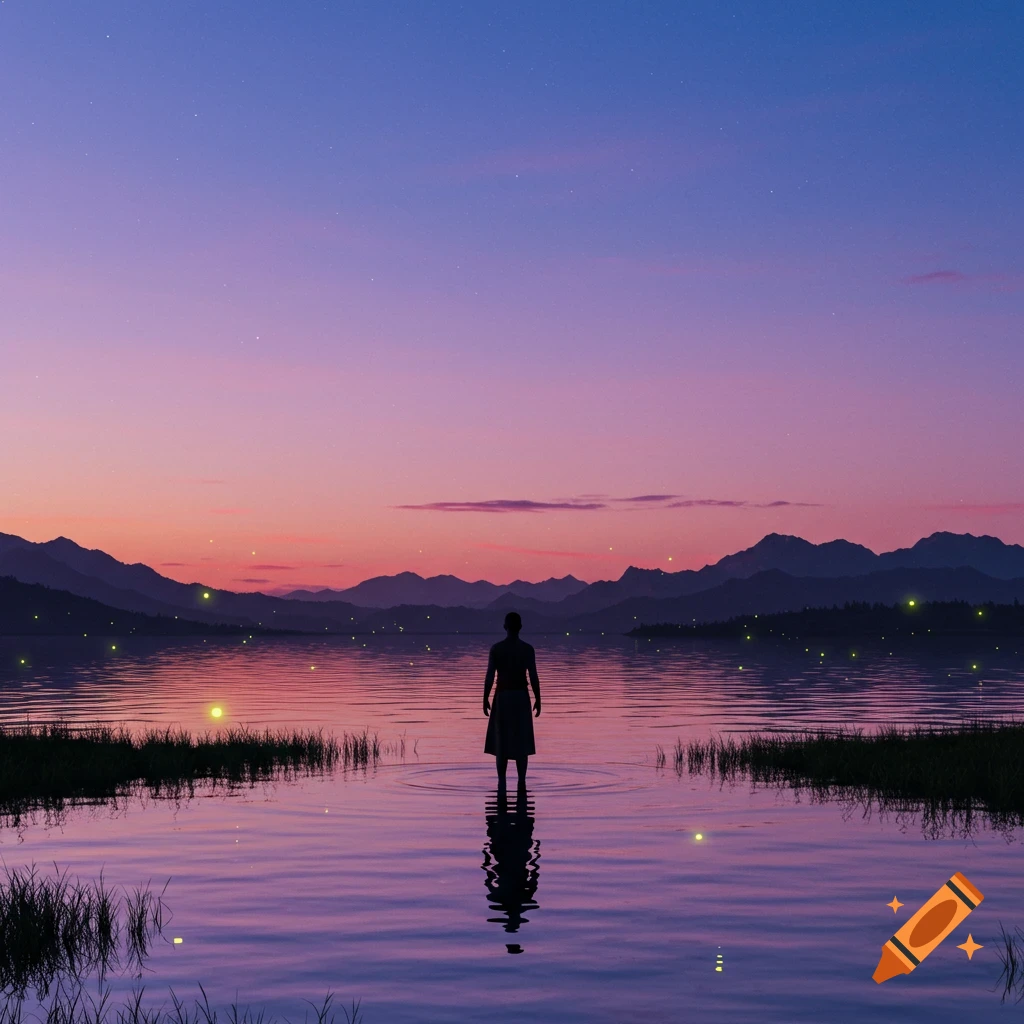 A person stands in a shimmering lake under a purple-pink sunset sky with glowing lights and mountains.