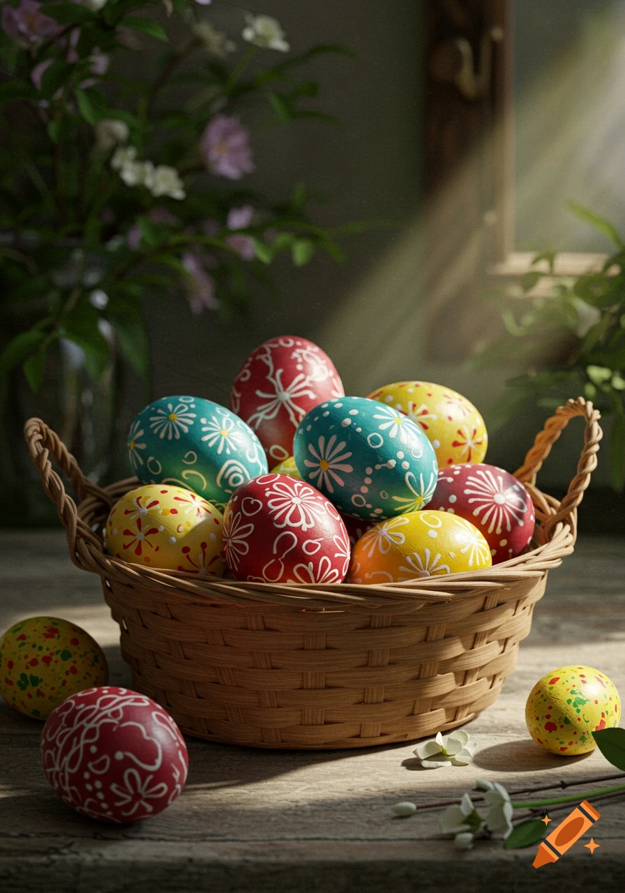 A wicker basket overflows with vibrantly colored Easter eggs, decorated with white floral and geometric patterns, resting on a wooden table in dappled sunlight.