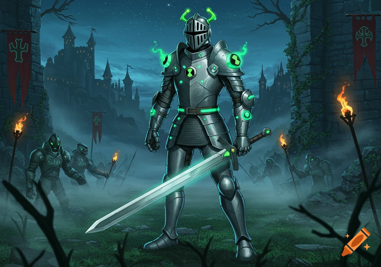 An armored knight with glowing green accents and an Omnitrix symbol stands with a sword before a misty castle and other knights at night.