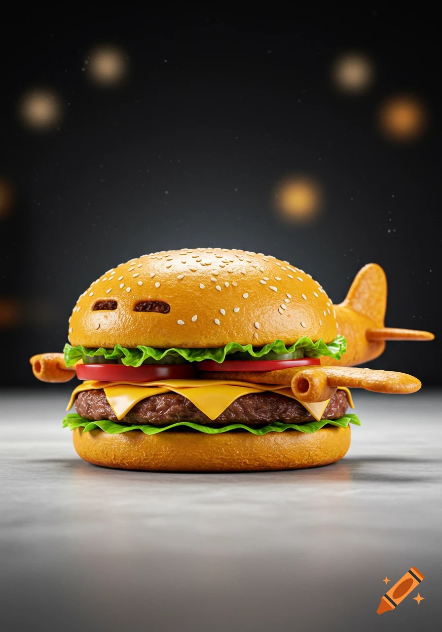 A photorealistic burger shaped like an airplane, featuring a sesame seed bun, lettuce, tomato, cheese, and a beef patty, against a dark bokeh background.