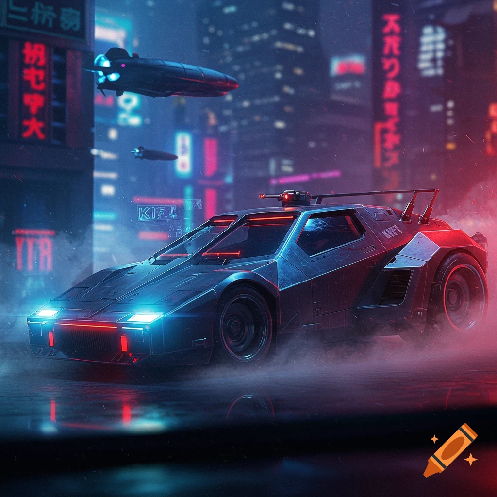 A sleek, futuristic car with neon lights speeds through a cyberpunk city street at night, with flying vehicles and glowing signs in the background.