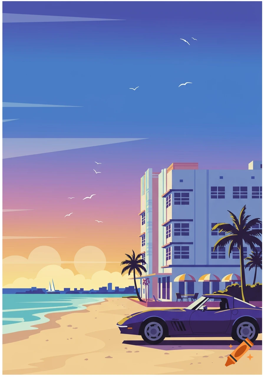 Vector art illustration of a purple Corvette parked on Miami Beach with art deco buildings and palm trees at sunset.