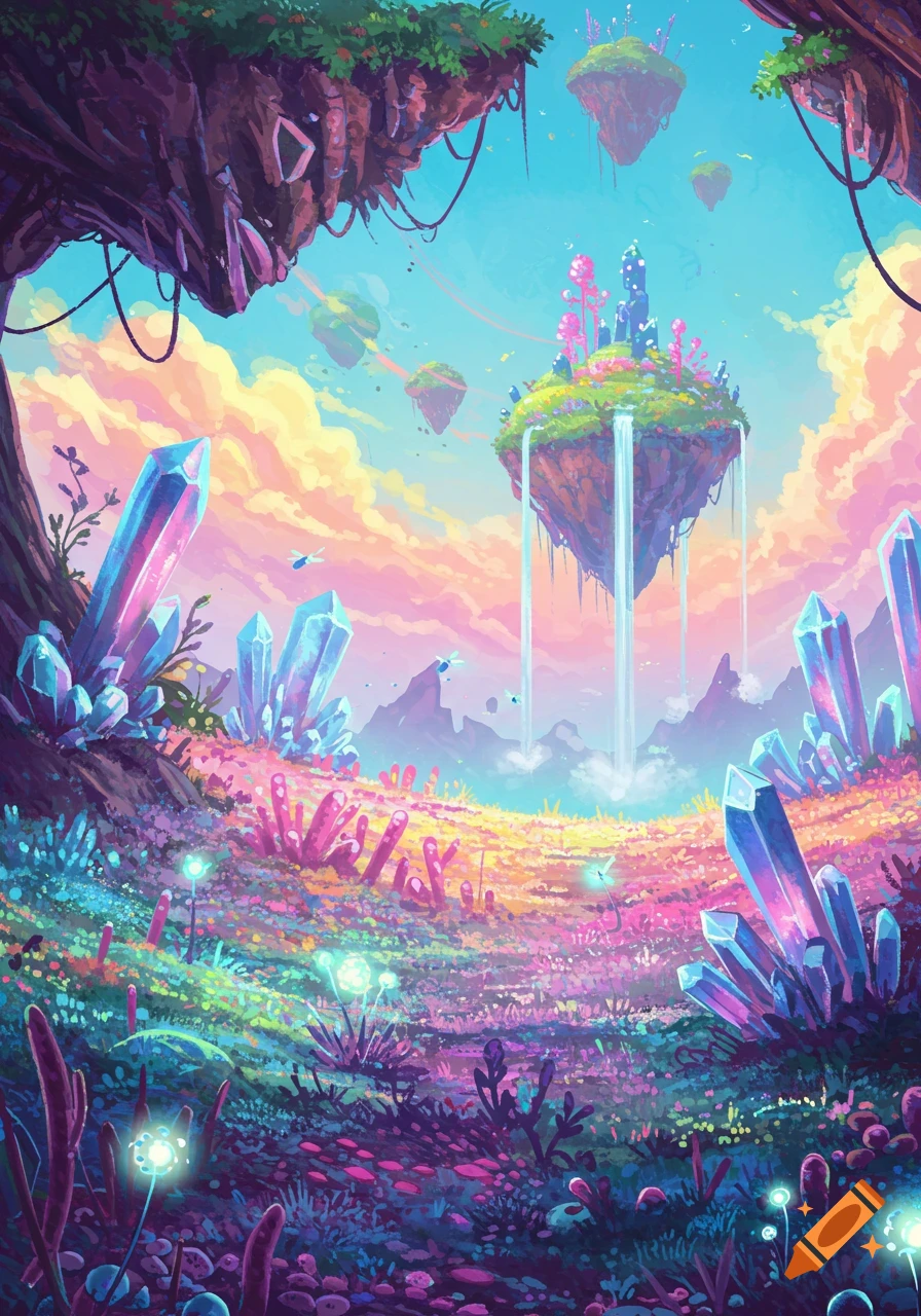 Vibrant, colorful alien landscape with floating islands, glowing crystals, waterfalls, and a pastel sky.