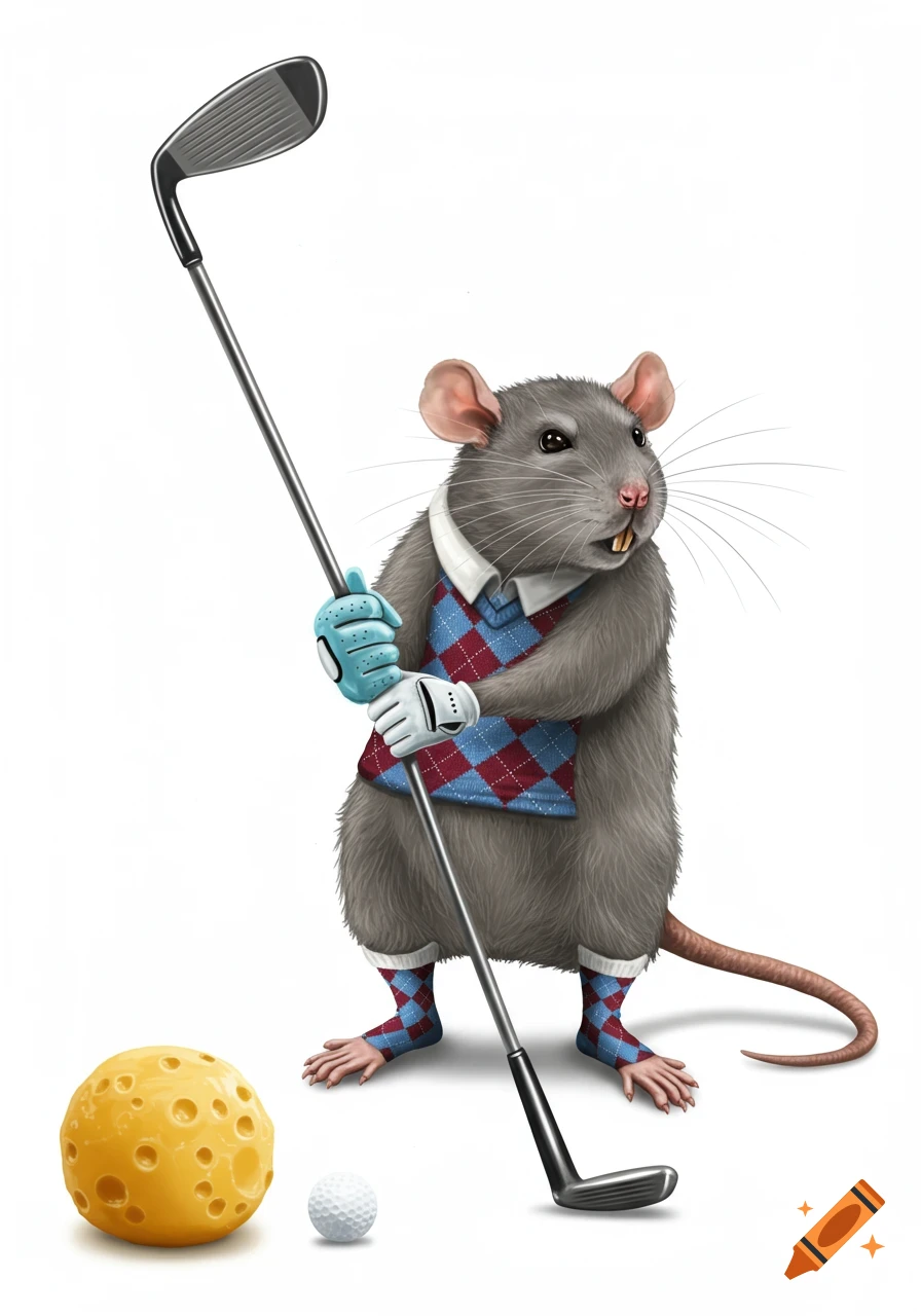 A grey rat wearing a blue and red argyle golf sweater, blue and white golf gloves, and argyle socks, holds a golf club over a cheese ball and a golf ball on a white background.