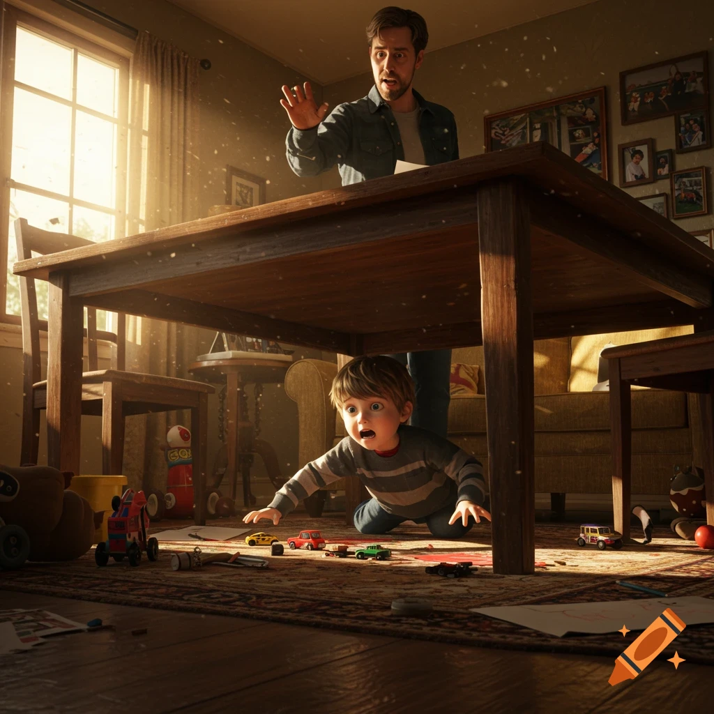 A scared young boy crawls under a wooden table, looking up in surprise, as his startled father stands behind him. Photorealistic indoor scene with warm lighting.