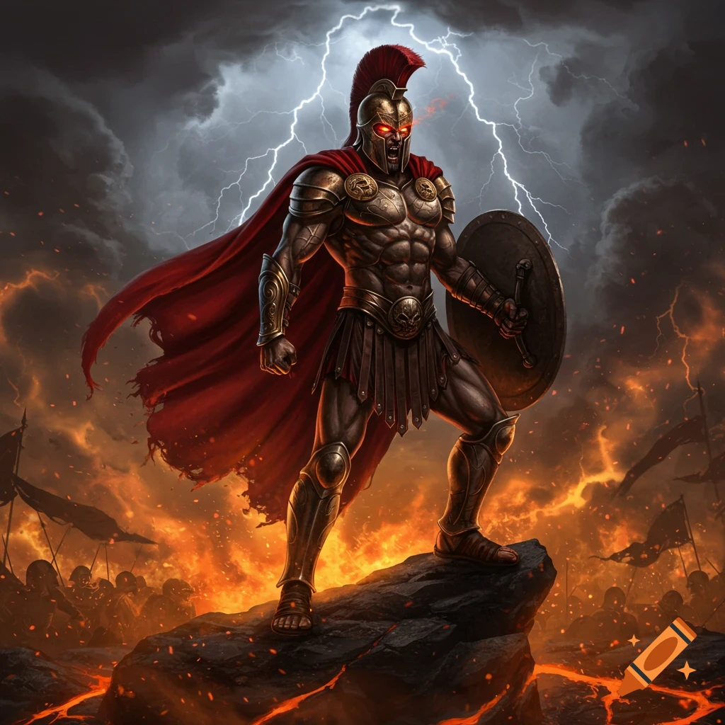 A muscular Spartan warrior, Ares, stands on a fiery battlefield under a stormy, lightning-filled sky, holding a shield.
