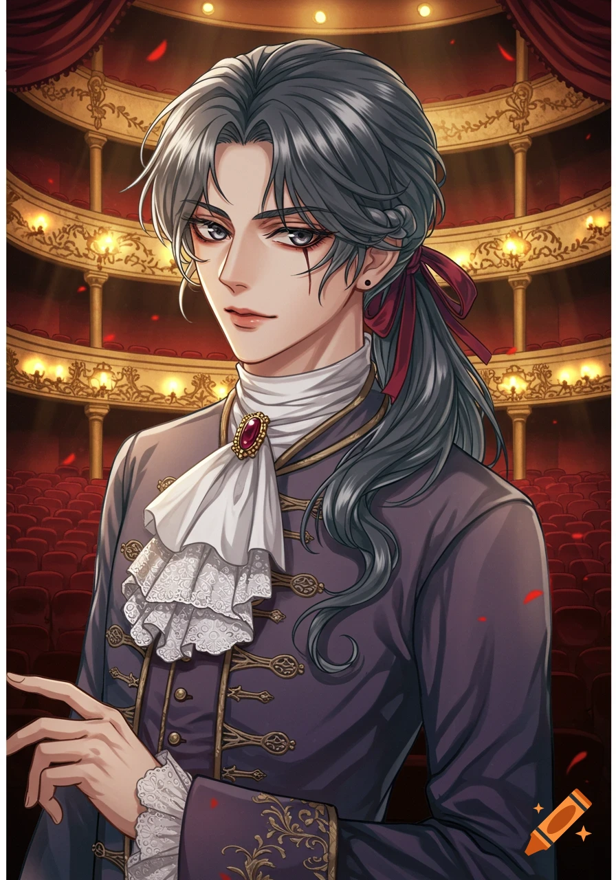 An anime-style portrait of a man in 18th-century attire with a ponytail and cravat, standing on an opera stage.