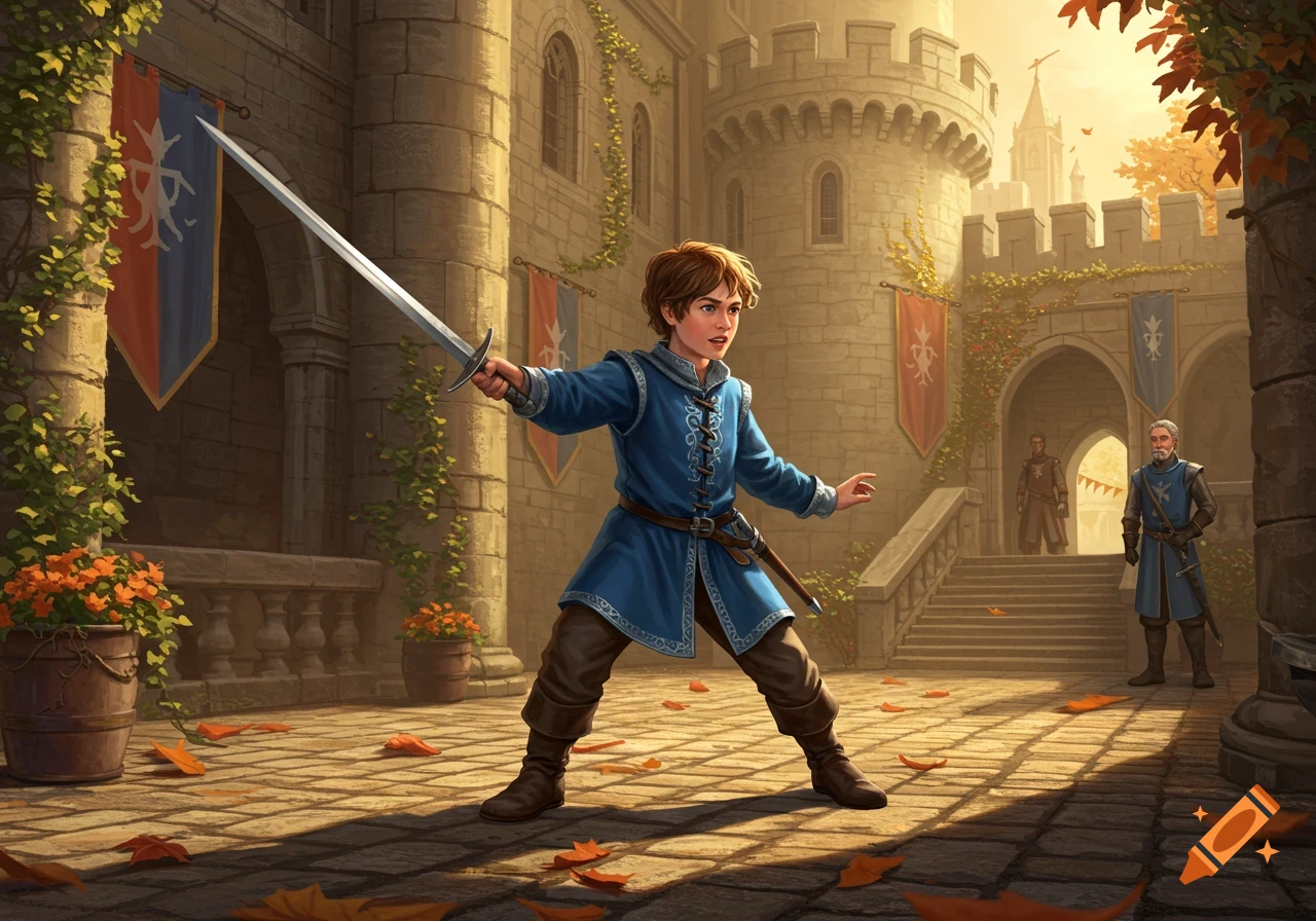 A young page in a blue tunic practices with a sword in a castle courtyard with autumn leaves.
