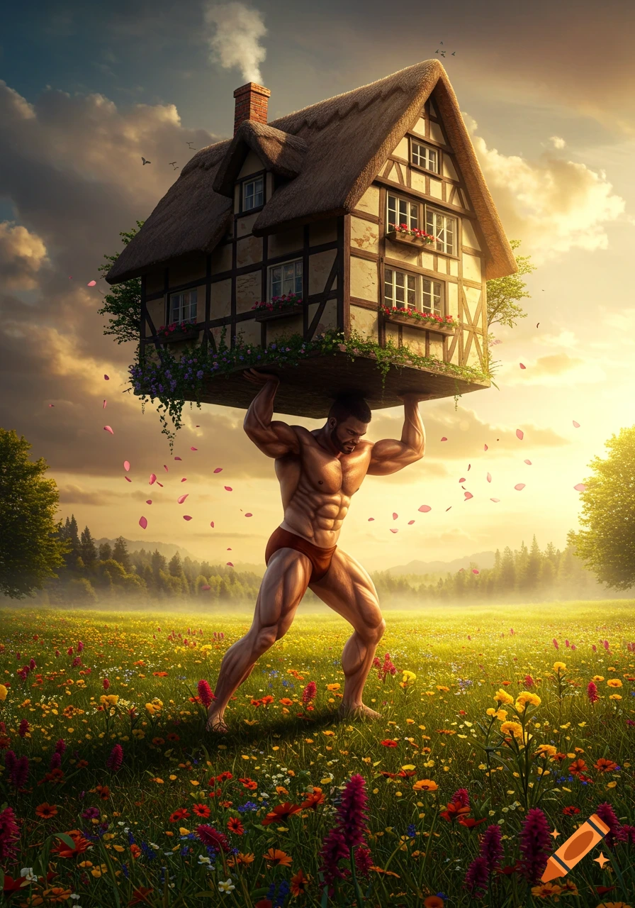 A muscular man carries a half-timbered house on his shoulders through a vibrant field of wildflowers at sunset.