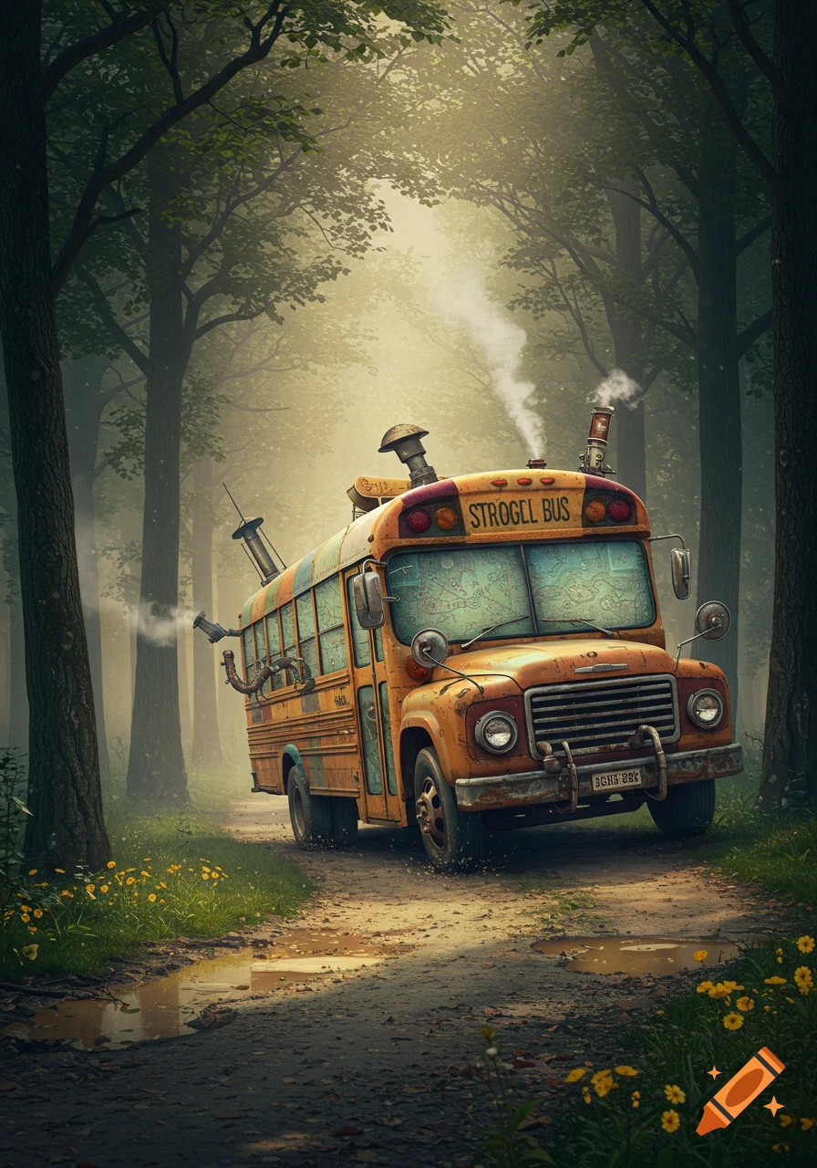 A steampunk-style yellow school bus with pipes and smoke on its roof drives on a dirt path through a misty green forest.