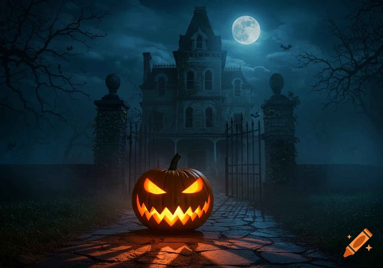 A glowing jack-o'-lantern sits on a cobblestone path in front of a spooky haunted house under a full moon.