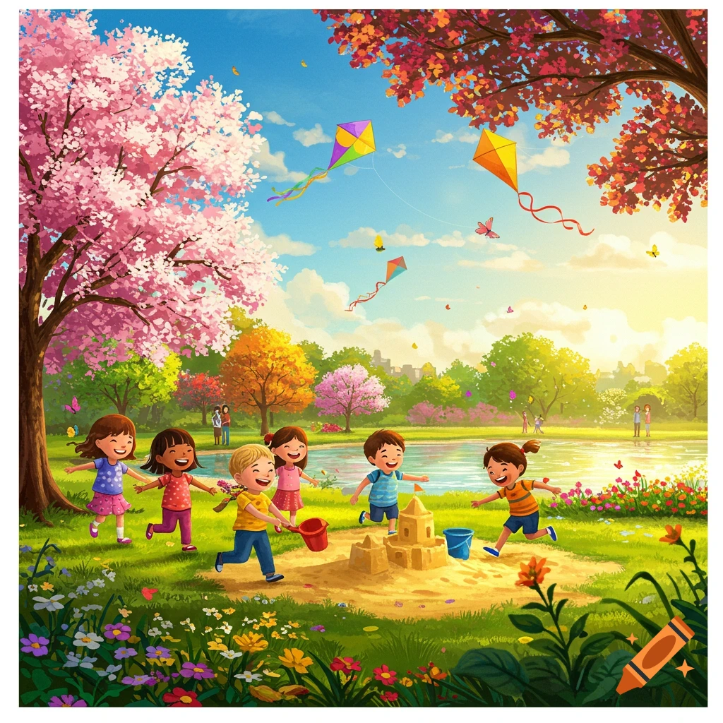 Vibrant illustration of happy children playing in a colorful park, building a sandcastle near a lake with kites flying in the sky.