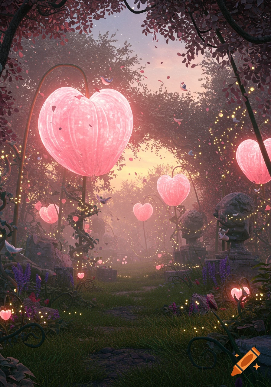 A whimsical fantasy garden at dusk features glowing pink heart lanterns, vines with string lights, and ancient statues amidst lush foliage.