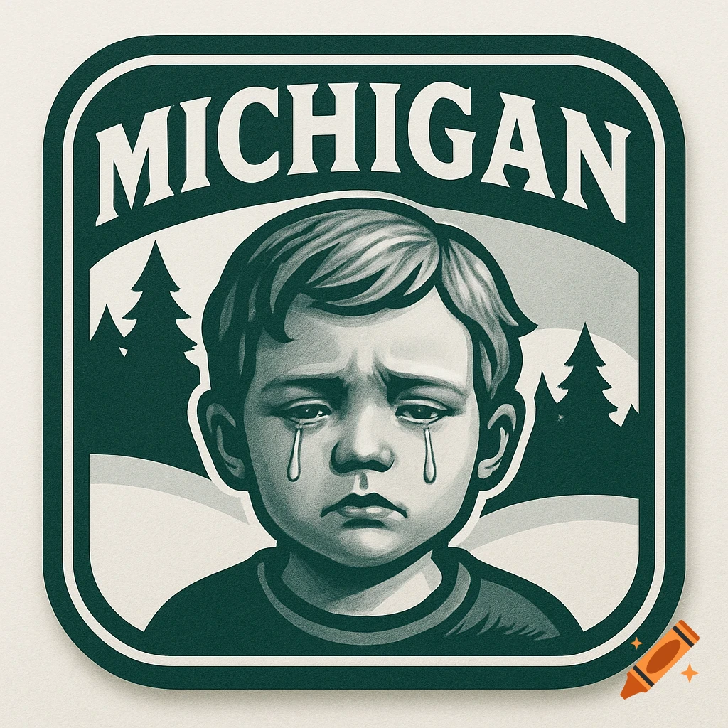 A stylized green and white logo featuring a sad, crying child with tears, set against snowy hills and pine trees, with "MICHIGAN" text above.